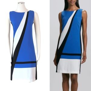 Sleeveless shift dress color blocked in blue/B&W